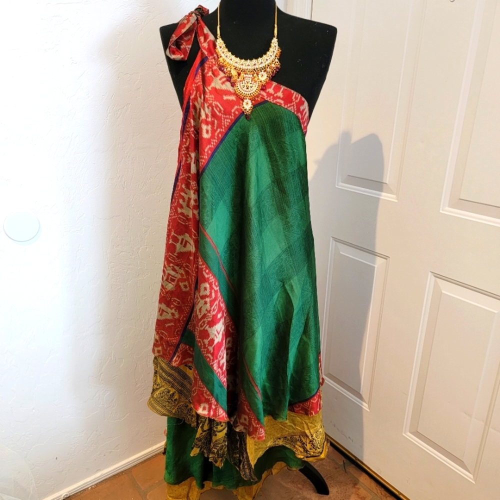 Brand New Sustainably Designed Boho Silk Reversible Wrap Skirt Dress